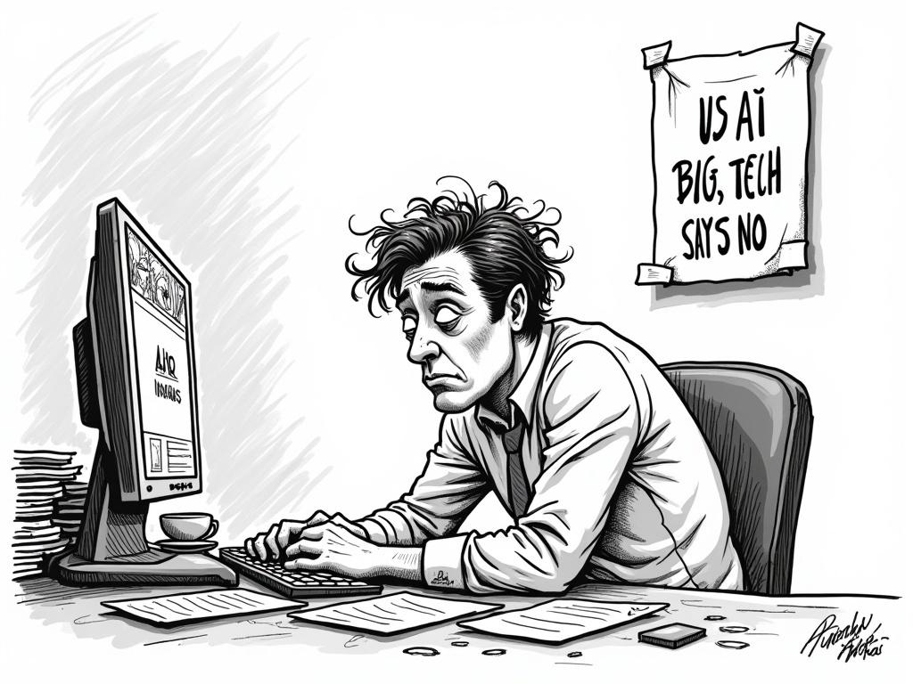 Black-and-white cartoon inspired by R. Crumb. An overworked worker with messy hair sits at a desk with sweat on his forehead. Screen shows an overflowing inbox. Desk has coffee stains and papers. Poster behind him states 'US AI BIG TECH SAYS NO'. Hand-drawn look with detailed line drawing, rough style. Landscape format.