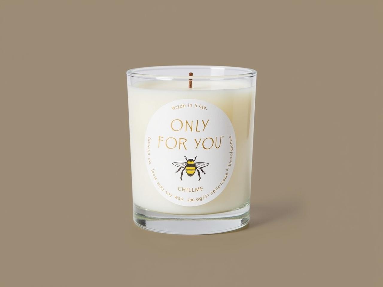 This image features a scented candle in a clear glass jar. The candle is white in color and has a label on the front. The label reads "ONLY FOR YOU" and includes a depiction of a bee, along with the brand name "CHILLME." Below that, it highlights that it is made of soy wax and weighs 200 grams or 7 ounces. The overall aesthetic of the candle appears simple and elegant, making it a nice addition to home decor.