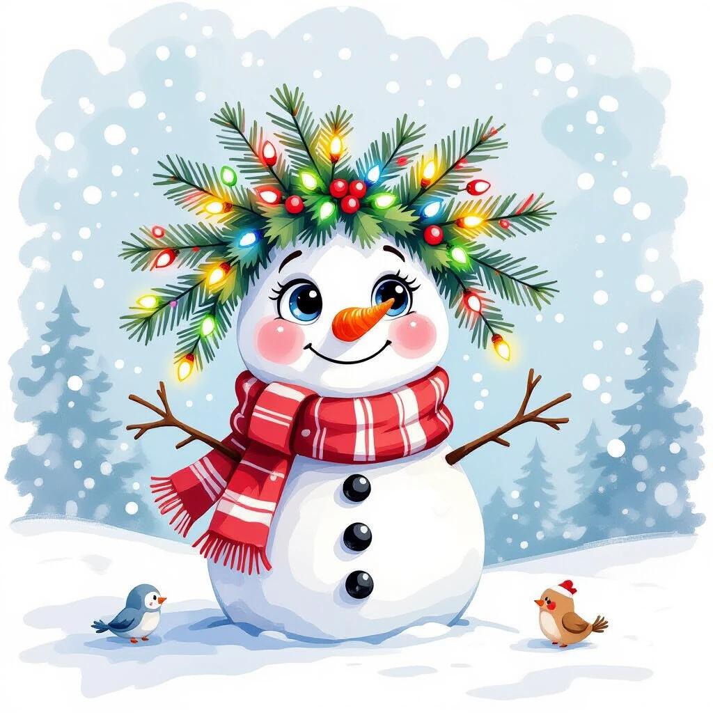 Cute funny snowman with a carrot nose and cheerful smile. Big round eyes. Wrapped in a red and white striped scarf. Hair made of pine branches with Christmas lights. Three black buttons on body. Small arm branches. Snow mound underneath. Small green Christmas tree nearby.