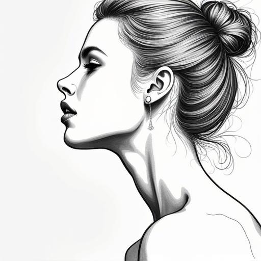 Illustration of a beautiful woman in a detailed outline style showcases elegant hairstyle focuses on graceful body profile.