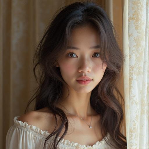 Close-up portrait of a Japanese girl with soft features. She has long, wavy hair and is wearing an off-shoulder top. Background features light fabric shades. Expression is gentle and captivating.