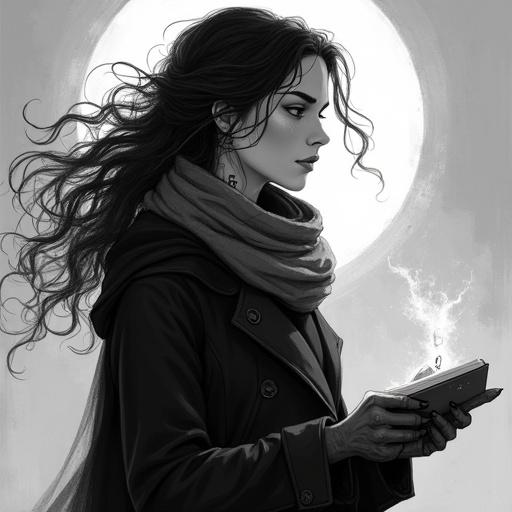 Illustration of a female superhero named Lyra. Dark coat and scarf. Holding a notebook. Eyes turn white with power. Glowing broken hourglass symbol on palm. Mood is calm and thoughtful. Black and white design in sketch format.