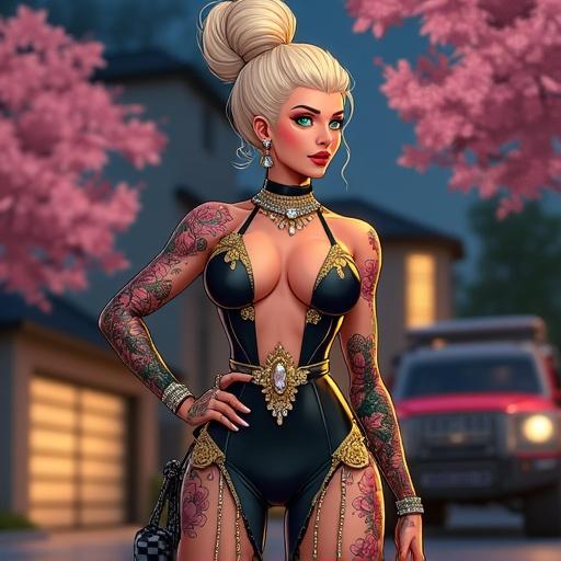 Anime character in a futuristic mega mansion garage. Woman aged 59 with emerald green eyes. Light blonde French bun hairstyle. Light pink diamond jewelry. Half Japanese and Saiyan heritage. 6'1 tall with muscular arms and 6 pack abs. Dressed in an edgy gothic club outfit. Standing by a gold and black G Wagon. Gated community environment at night. Carrying a Chanel bag.