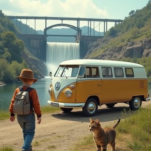 Young boy in a hat walks with a cat towards a tan Volkswagen van parked by a hydro electric dam behind a waterfall.