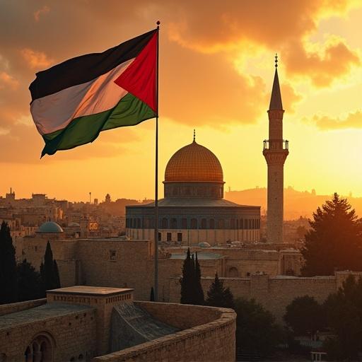 Highly detailed image of Al-Aqsa Mosque at golden hour. Palestinian flag waves proudly. Dramatic warm sky enhances the scene. Mosque architecture is authentic. Cinematic lighting creates depth and contrast. Sense of pride and reverence evoked.