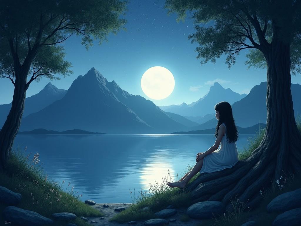 A young woman sitting under a tree by a lake under the moonlight, surrounded by mountains and stars, digital art.