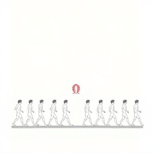 Minimalist line art inspired by ancient Greek friezes with nude male figures walking left. Eight identical figures with curly hair and athletic bodies. Clean outlines on a plain white background. Red laurel symbol above and Greek meander border at the bottom.