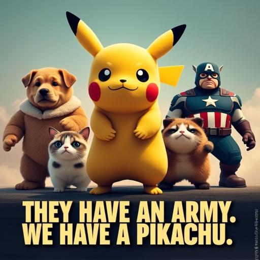 A parody of a superhero movie poster with meme characters rallying behind Pikachu. Doge Grumpy Cat Pepe Wojak are positioned heroically. Bold text states THEY HAVE AN ARMY. WE HAVE A PIKACHU.