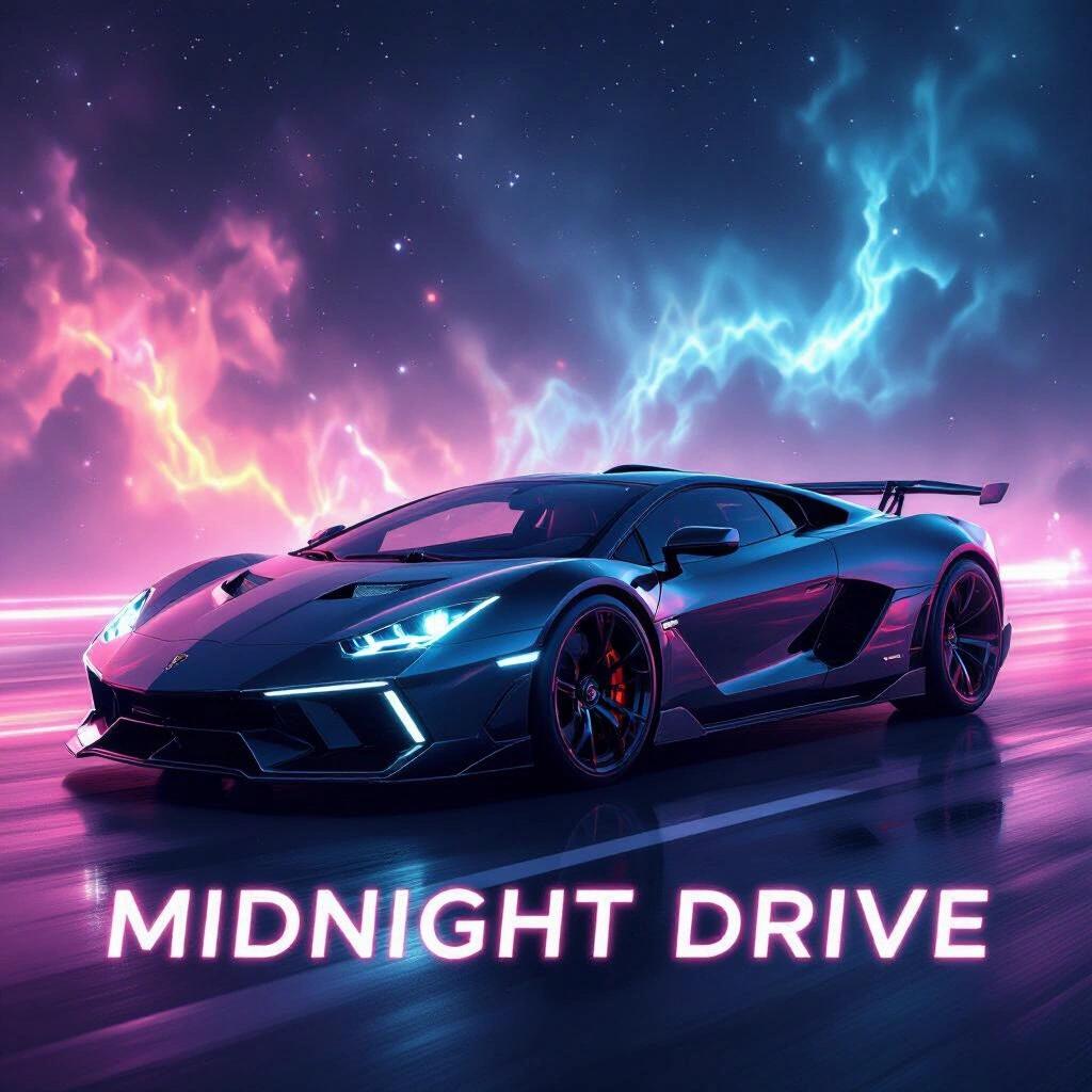 Concept of a dark, hyper-realistic hypercar against a neon nebula background. Features a Lamborghini and Bugatti in a raw, dynamic style. Text overlay reads 'Midnight Drive'.