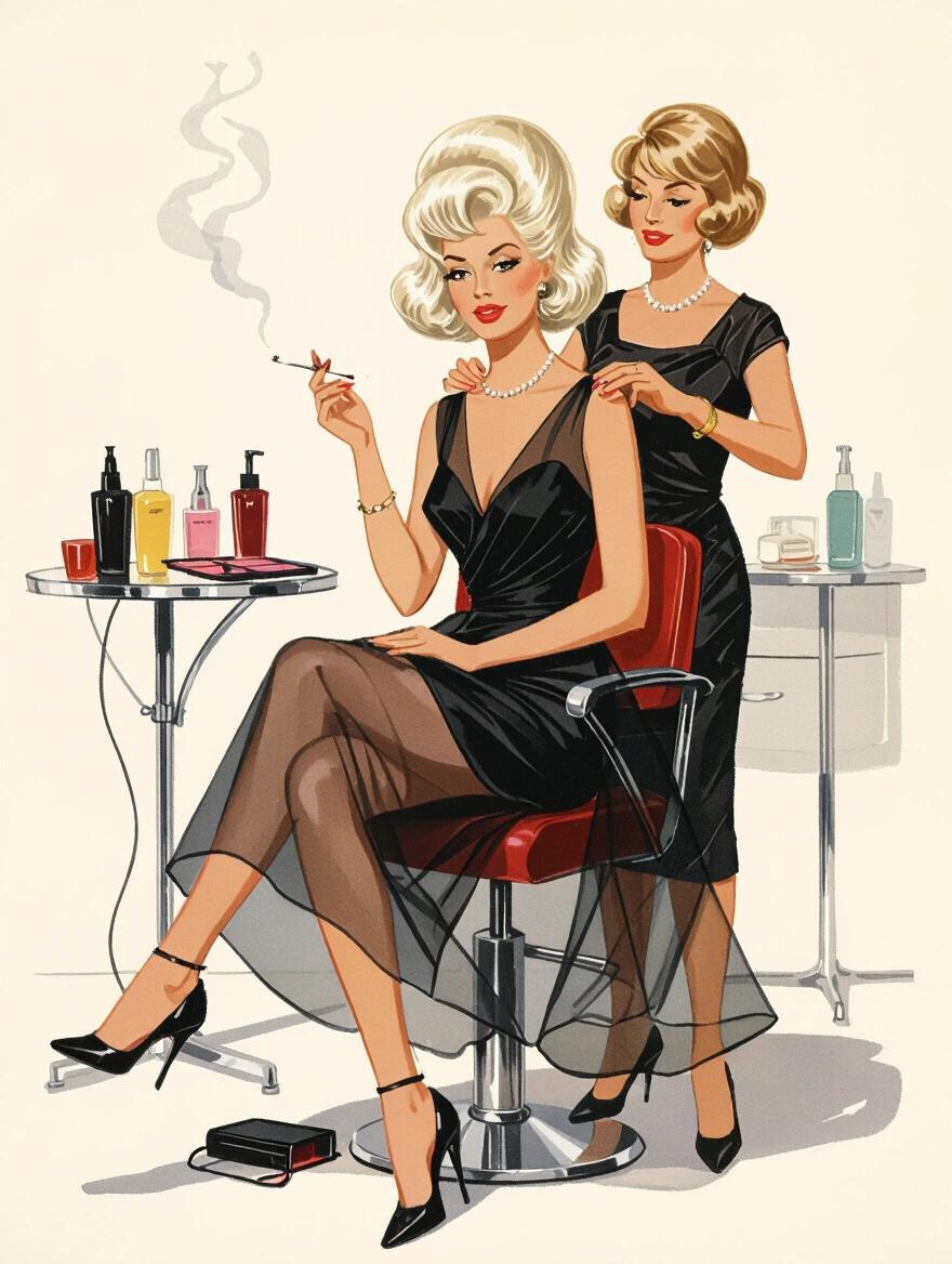 Portrait of a vintage beauty parlor scene. Woman with platinum blonde beehive hair holds a cigarette. Black flowy organza summer dress and high heels worn. An older woman styles her hair. Decor reflects 1960s elegance.