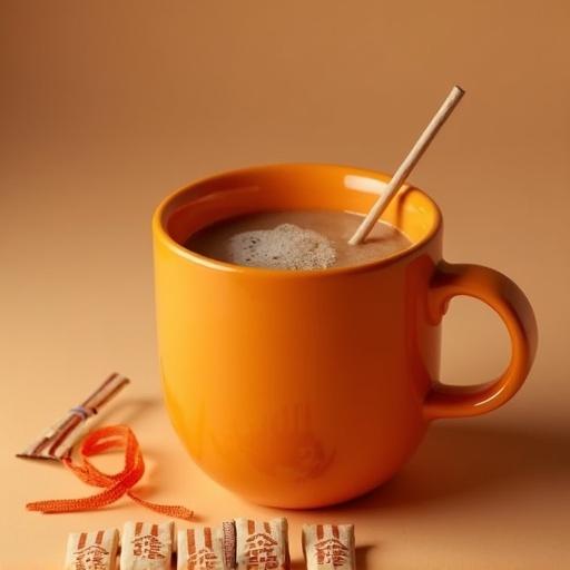 A bright orange mug filled with a warm beverage. A wooden stick is placed inside the mug. The mug is set against a soft beige background. A few decorative sachets are arranged nearby. Focus is on the mug and its contents.