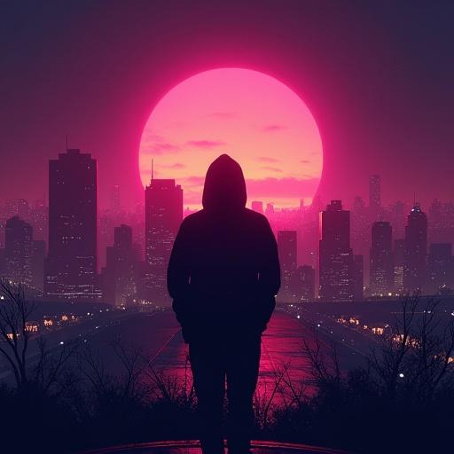 Silhouette of a person wearing a hooded jacket in front of a neon city skyline. Large pink sun setting behind the buildings. Dark and moody atmosphere.