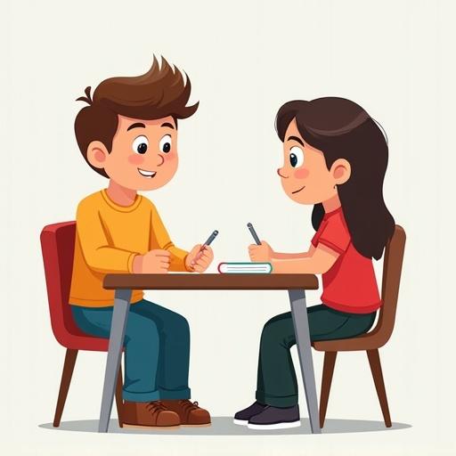 Cartoon style image of two students at a table engaged in conversation about learning.