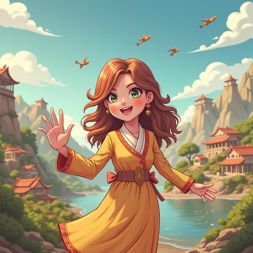 A cheerful animated girl wearing a yellow traditional dress waves in a picturesque landscape with mountains and a river. Beautiful calm scenery filled with lush greenery and ancient-style buildings.