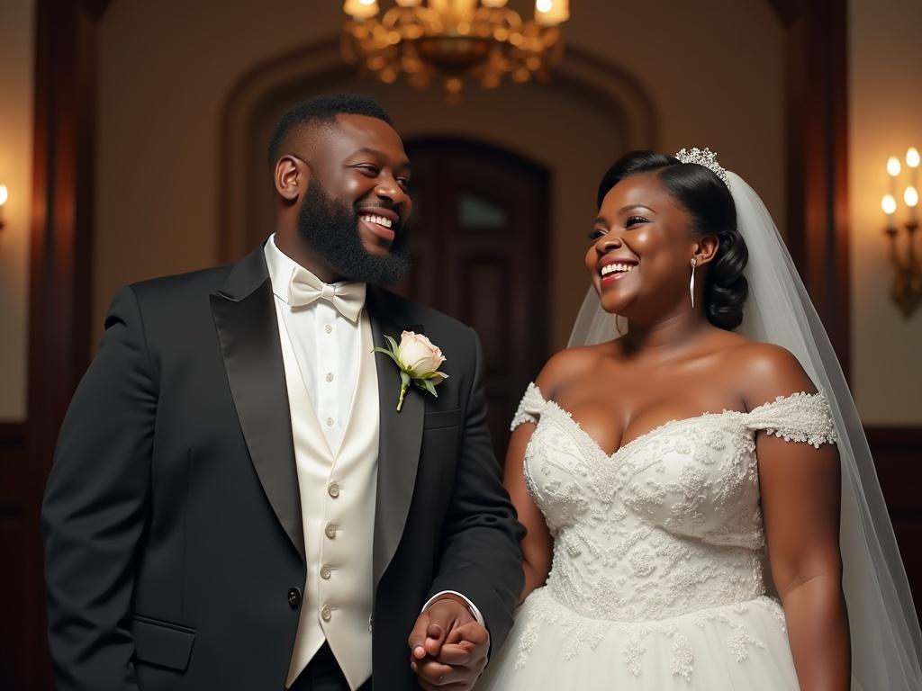 Create a photorealistic, professional wedding photo featuring a smiling, slightly plump mixed African-American/White wife holding her new husband’s hand. The wife should have the same gown as in the reference image, with the same hair color, style, detailed facial features, and body type. The husband should be depicted with the same rotund, light-skinned Creole-American appearance, maintaining his detailed facial features, hair color, and style. Ensure the facial expressions are joyful, preserving the romantic and dramatic quality of the original photo.