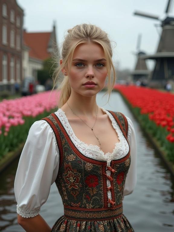 A stunning Dutch woman with blonde hair and blue eyes. She has traditional attire with floral patterns. Her hands are behind her back. A canal runs through a Dutch city with tulip fields and windmills in the background. The setting is overcast with soft lighting. Her expression conveys beauty and elegance.