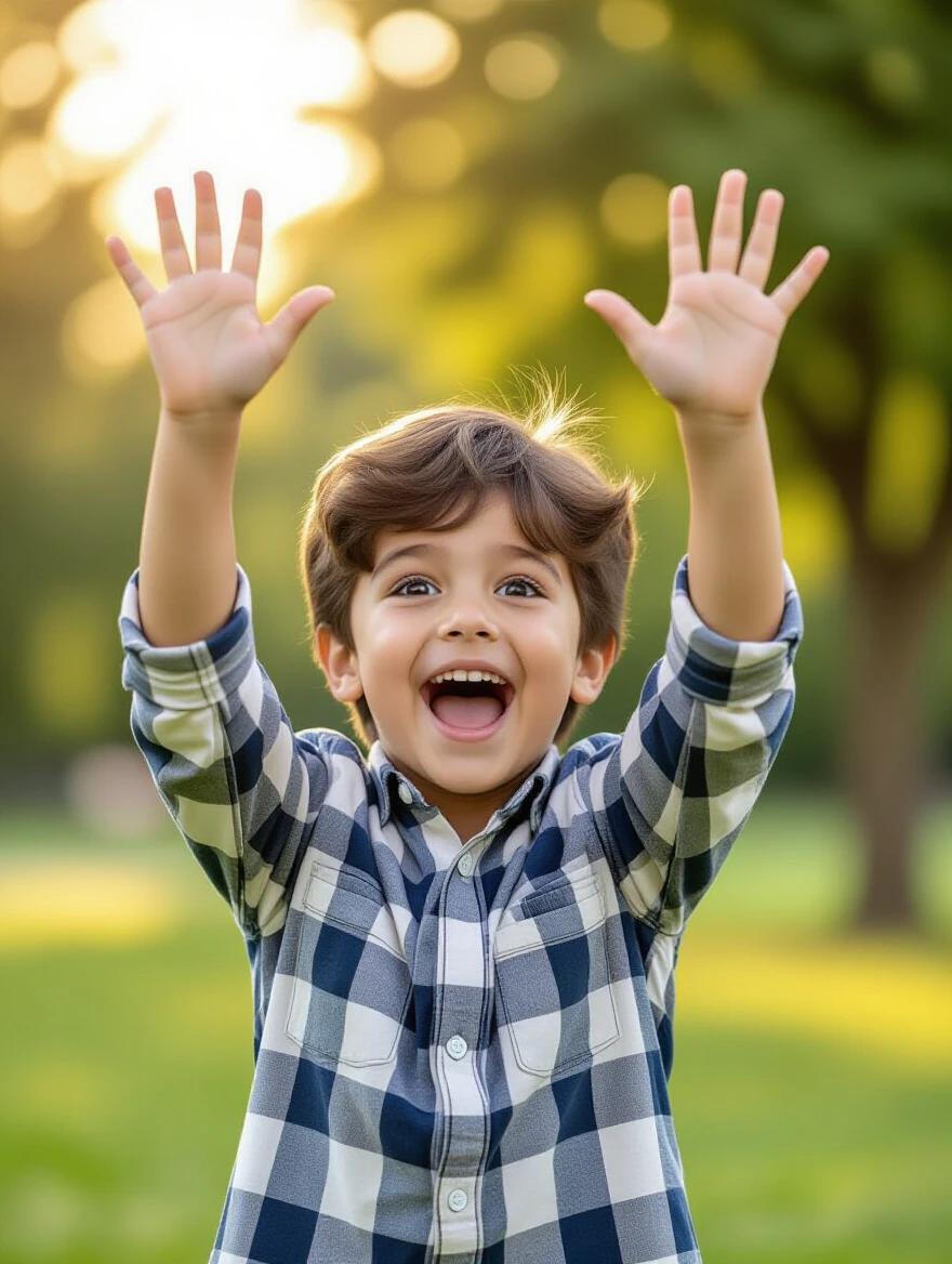 Surprised kid with raised hands expressing excitement in a park setting