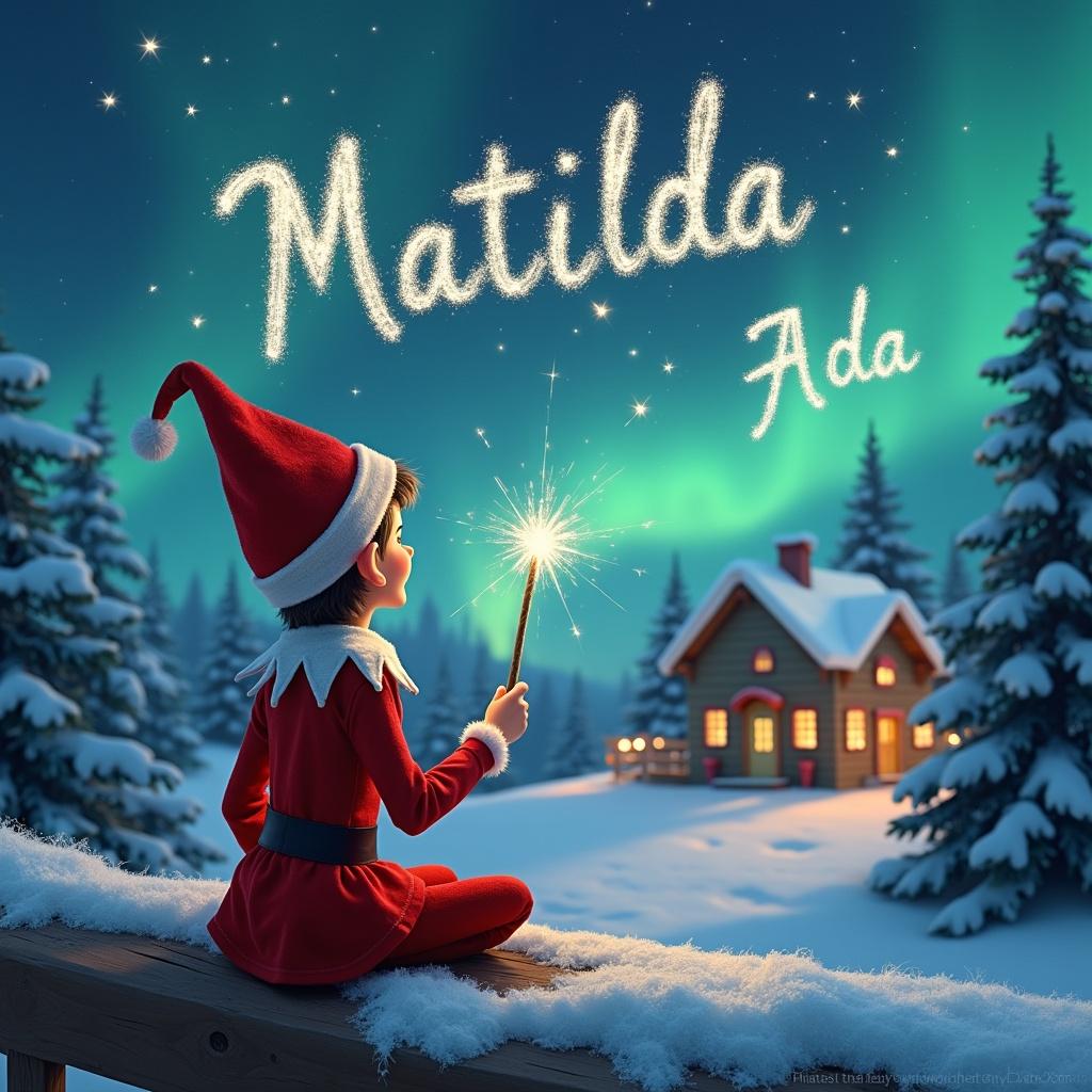 An elf sits on a wooden ledge with its back to the camera, gazing at a magical sky. The elf, dressed in a red outfit with a pointed hat, holds a sparkling wand. With the wand, the elf elegantly writes the name 'Matilda' in the starry sky. The background features a snowy landscape with charming little houses and evergreen trees under the shimmering Northern Lights. This whimsical scene captures the essence of childhood magic and Christmas cheer.