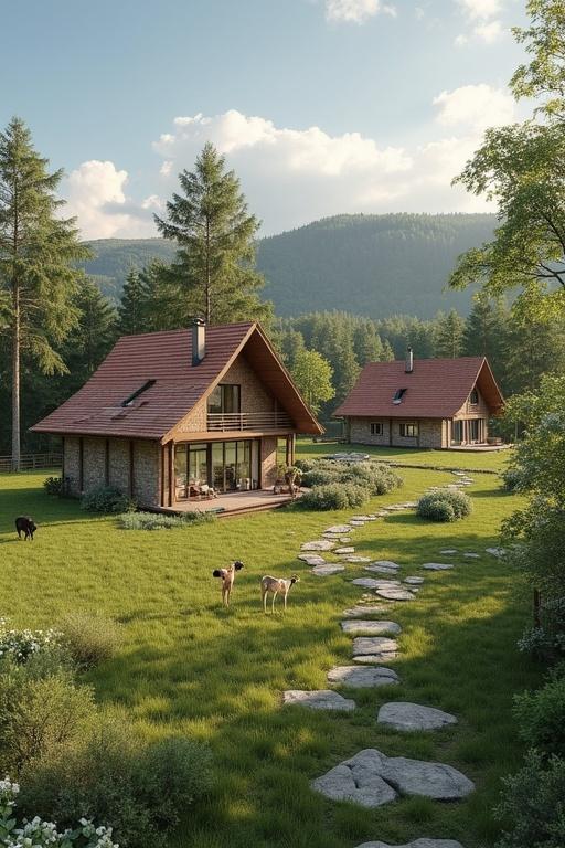 Farm designed on 1000m2 land with two 150m2 villas. Includes a chicken house. Two sheep and one dog on the property. Lush greenery surrounds the buildings.