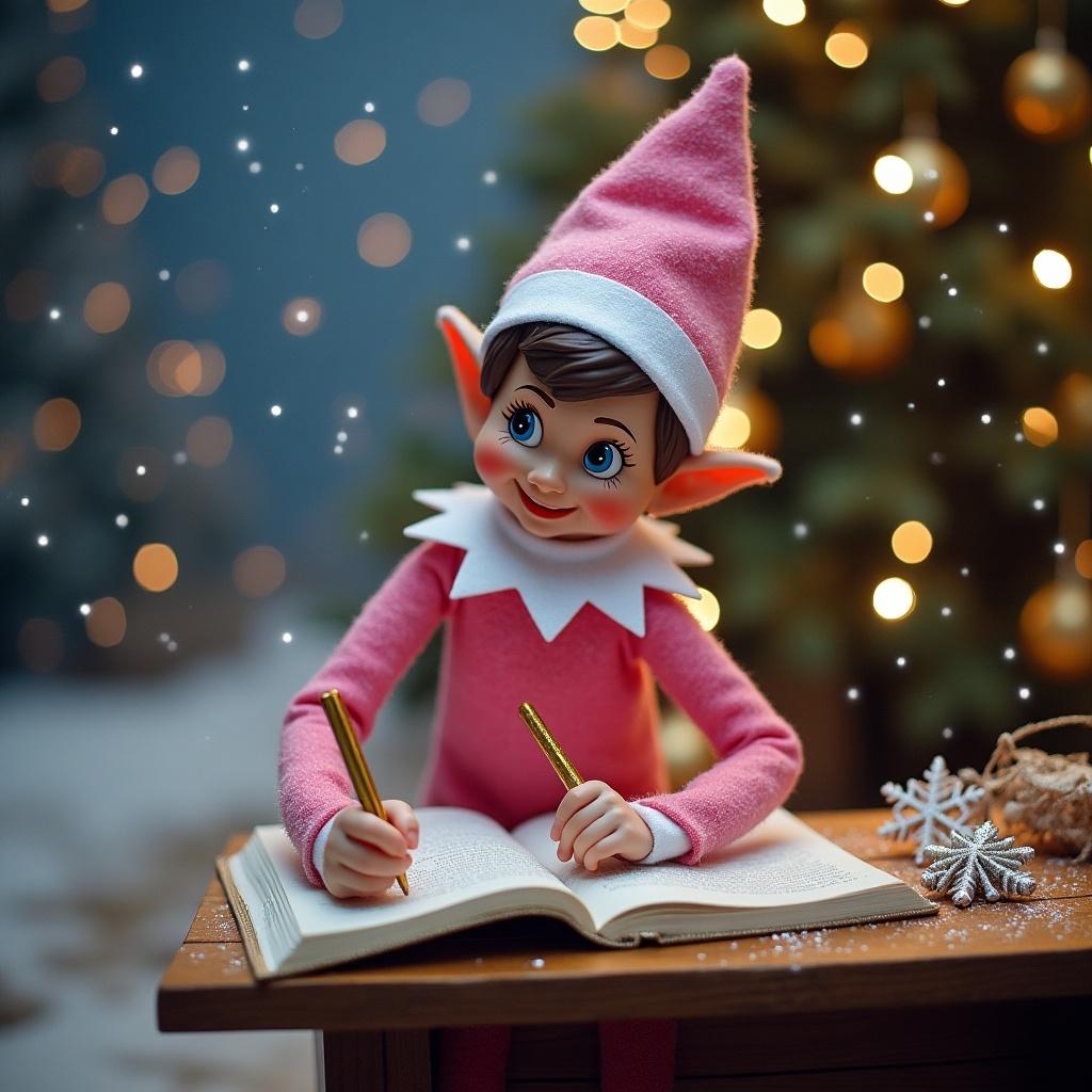 Pink dressed elf on the shelf writing the name Lennon in glitter in the sky.