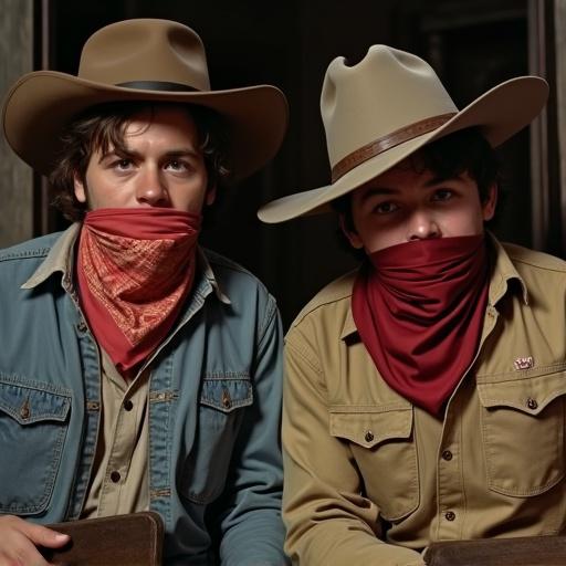A grainy close-up shot from a vintage horror movie shows two young cowboy men in a wild west store. They are gagged and bound to wooden chairs, visibly distressed. Their mouths are tightly covered with colored bandanas. The scene is set in a dimly lit environment, emphasizing a sense of fear and claustrophobia. Their expressions show worry and sadness, captured in a low-resolution style.