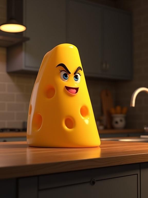 A playful cheese character is on a kitchen counter. CGI figure has flirtatious features with a smiling expression. The scene is lit by soft kitchen lights as it is nighttime.