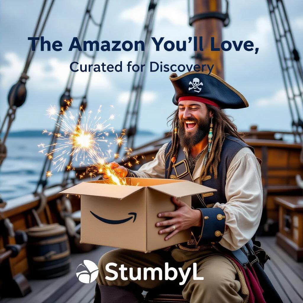 Pirate joyfully opens an Amazon box on a pirate ship. Fireworks burst from the box. Blue slogan prominently displayed. StumbyL logo features in design. The expression of excitement on the pirate's face.