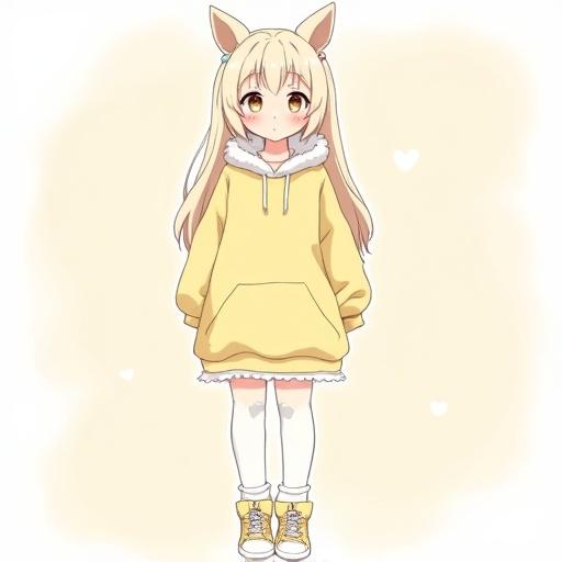 Anime character sheet featuring a friendly female character. Long pastel blonde hair with straight bangs and sable ears. Character height of 5.5 heads, slender proportion, closer to young adult. Outfit includes pastel yellow oversized hoodie dress with fluffy lining, thigh-high white socks, and gold sneakers. Character has a soft, curious appearance reminiscent of a small animal. Shown in front, side, and back views.