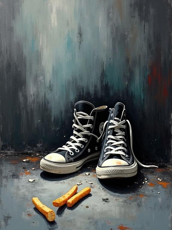 Abstract expressionist painting showcases two empty worn black Converse sneakers. Lace dangling on the ground. Two french fries rest beside them. Dark textured background with grey and black hues. Highlights of dark red and turquoise. Thick expressive brushstrokes add dynamic weight. Negative space contrast enhances composition.