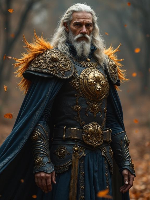 A character dressed in ornate armor with a long beard standing in a forest with autumn leaves. The armor features lion motifs and has bright orange feathers. The background is blurred with a mystical feel.