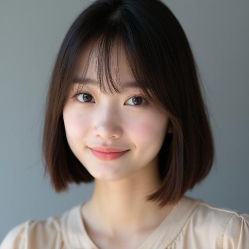 Portrait photograph of a young woman with a fair complexion and smooth skin. Straight dark brown bob hairstyle with bangs. Large dark eyes with subtle eyeliner. Gentle smile with soft pink lips. Neutral gray background with a light-colored blouse. Even lighting emphasizing facial features.