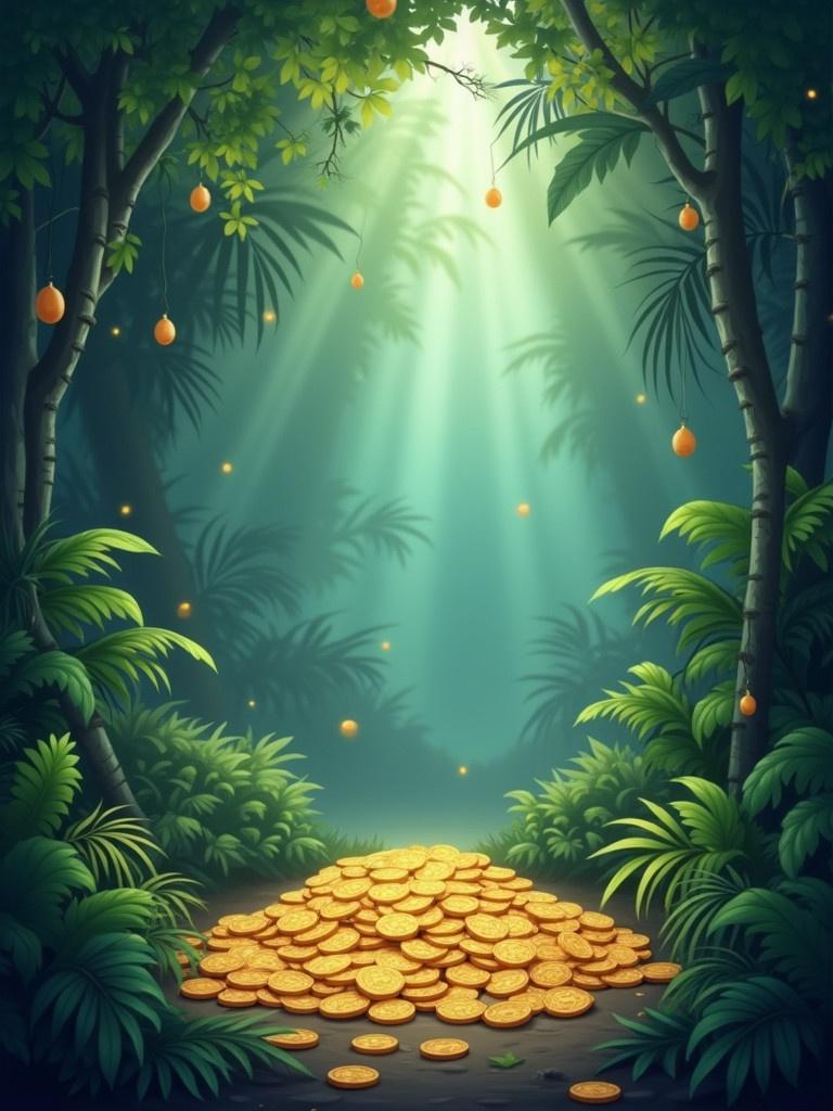 A lush jungle scene is depicted with vibrant greenery and beams of light. A pile of gold coins sits prominently in the center of the scene, evoking a sense of hidden treasure in a digital finance context.