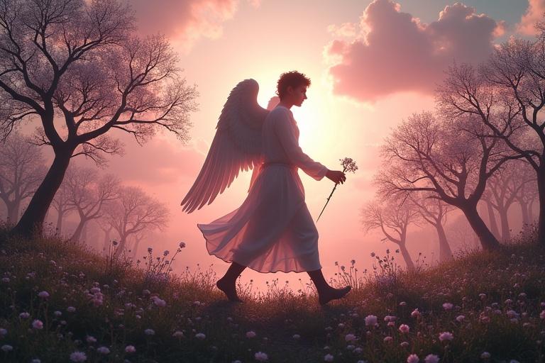 An angel with translucent black wings walks barefoot in a suspended garden. Flowers wilt in his presence but bloom again behind him. The scene is illuminated by a pink twilight light. Gray butterfly-shaped souls flutter silently towards him. In the background, floating trees with visible roots curve towards the angel.