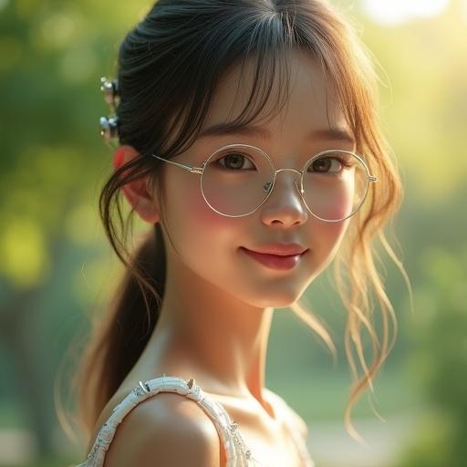 A full body shot of a young android woman wearing modern glasses. She smiles gently with kind eyes. Realistic skin texture with visible pores and imperfections. Detailed expressive eyes with reflections behind the lenses. Fine eyelashes resembling human eyelashes. Intricate hair details with accessories. Casual clothing with realistic fabric texture. Background is a softly blurred outdoor setting with green elements and sunlight. Natural soft lighting with a bokeh effect.