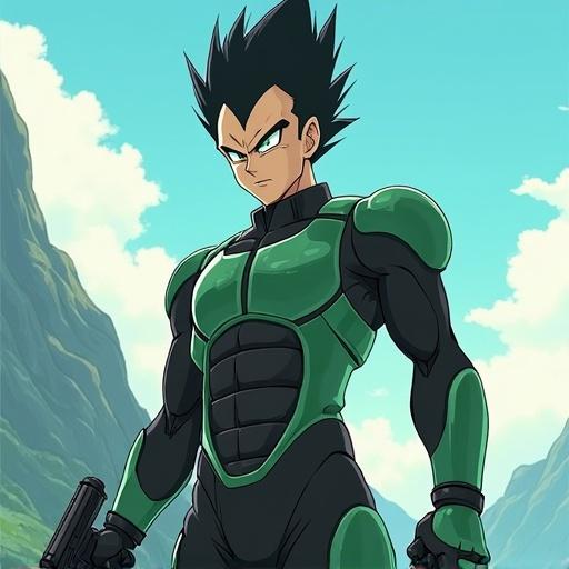Futuristic anime character standing in a luxurious mountain base. Character has spiky black hair, green eyes, and strong physique. Dressed in an emerald green and black bodysuit. Holding a gun. Summer morning setting with mountains in the background.