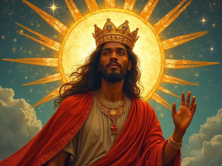 Photographic collage of a heroic religious icon as an uncommon saint. Features people of color with a golden halo and starlit crown illuminated by divine light. Artistic inspiration from folk art and storybook illustrations.