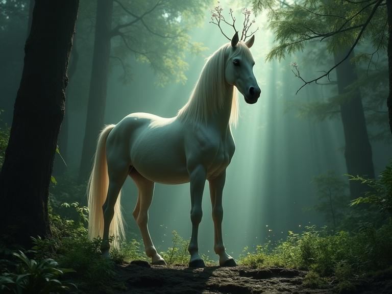 A realistic film still of a dense forest. Soft lighting creates a somber atmosphere. A centaur girl stands on a dark surface. Her upper body is nude. She wears a Greek dress. Her hair is long and white. A complex branch-like horn extends from her head. The forest has tall trees. Light penetrates the canopy, creating glowing highlights. The ground has green foliage and glowing lights, resembling fireflies. The texture is slightly grainy, highlighting realistic light.