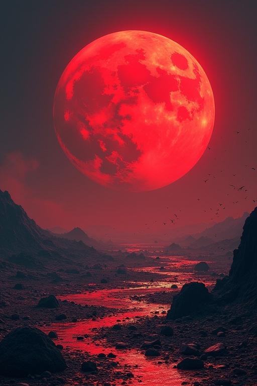 A red moon dominates the sky over a barren landscape. The land is scattered with broken glass. A vast emptiness stretches towards the horizon. A huge army can be seen in the distance.
