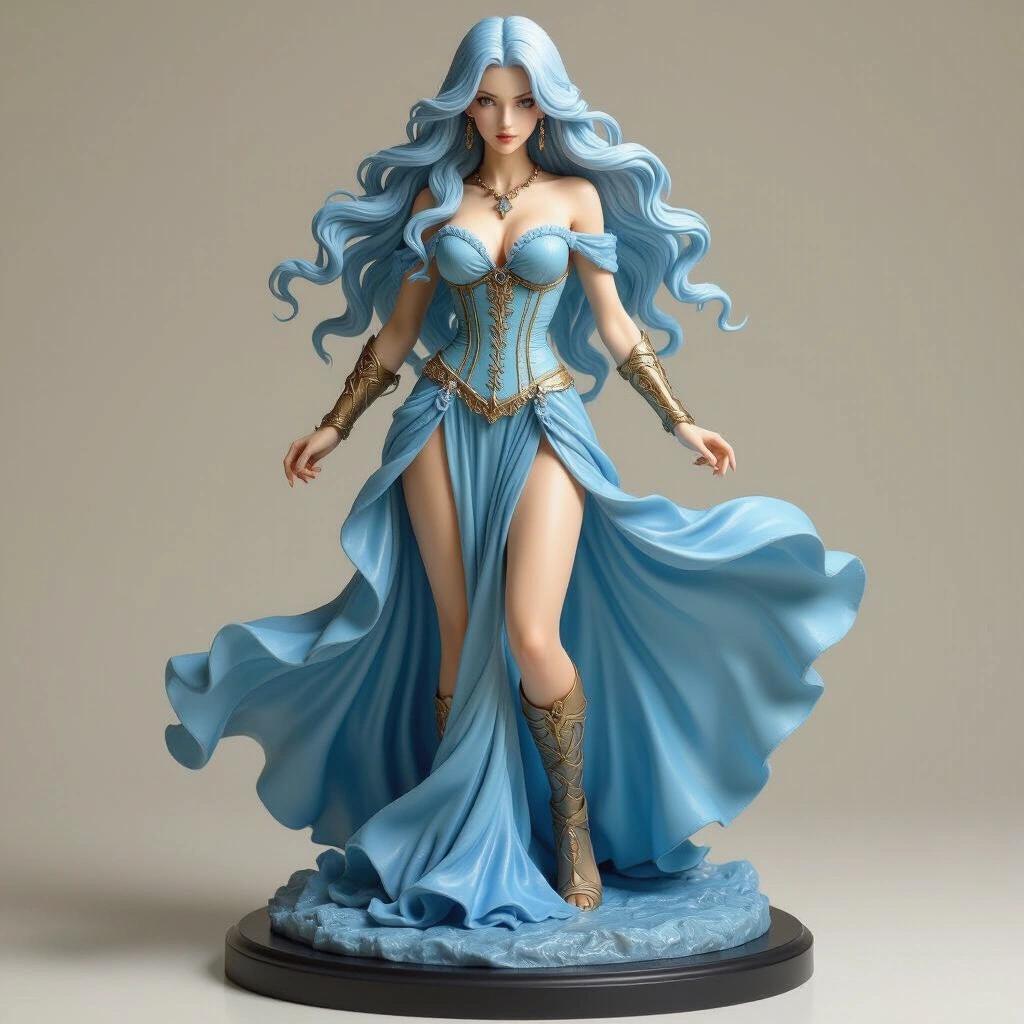 Ultra detailed resin statue representing a warrior of the Aquarius zodiac sign. The statue showcases long wavy light blue hair, a tight corset, and a long flowing blue dress. It stands on a solid base with intricate details.