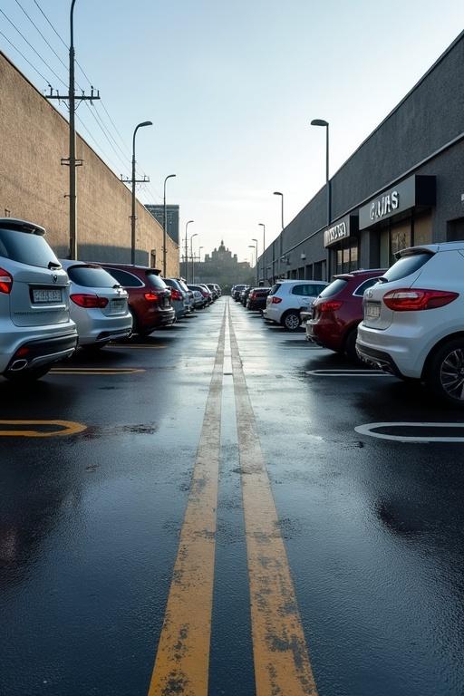 Parking lot filled with cars arranged in straight lines. Wet pavement reflects the light. Distant building appears at the end of the lot.