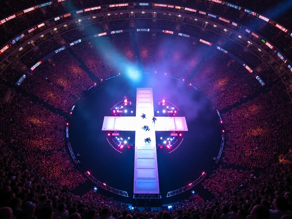 This image captures an aerial view of Roddy Rich's concert at Madison Square Garden. The stage is designed in a T-shape, drawing attention to the performers at the center. The atmosphere is electric, with vibrant purple and pink lighting illuminating the stage and surrounding audience. This view from a drone highlights the vastness of the venue, filled with concertgoers. The excitement and energy of the live music experience are palpable from this breathtaking perspective.