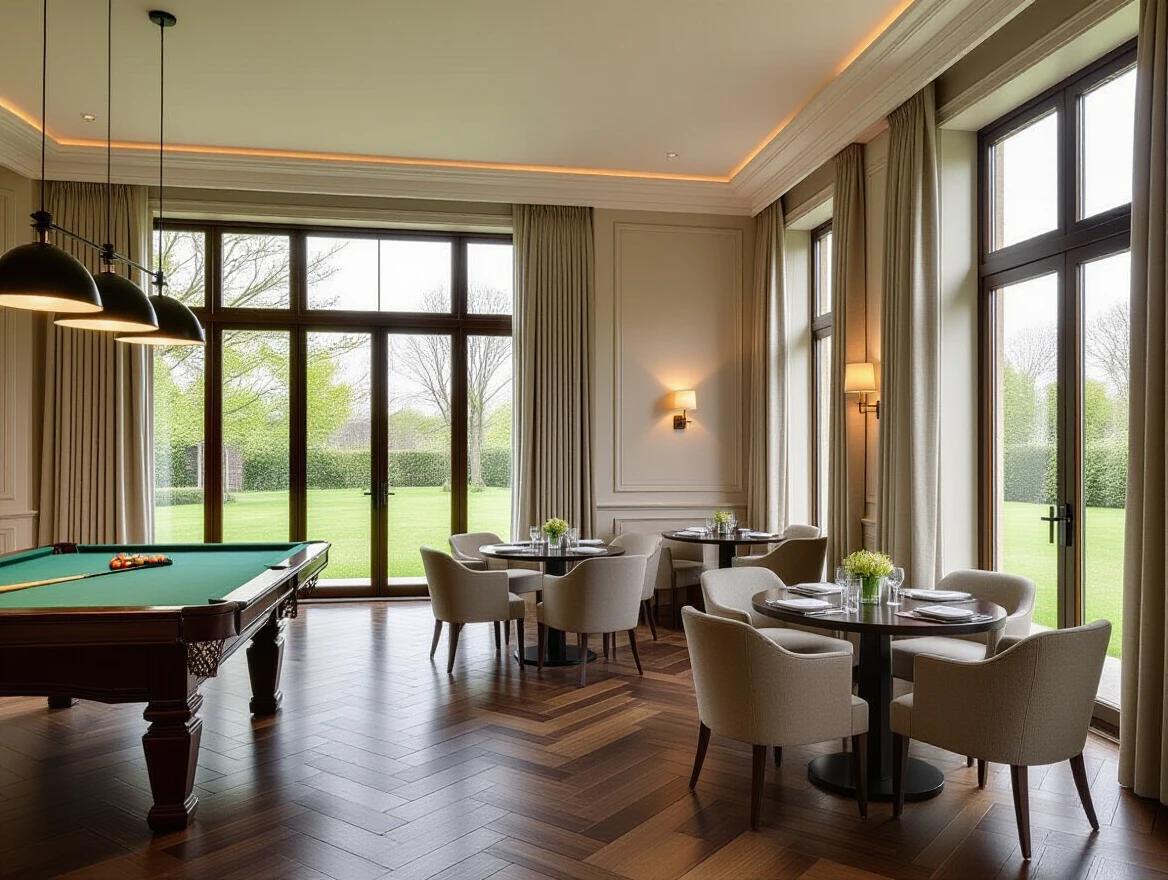 Luxurious hall designed for gatherings. Contains elegant round tables with chairs. Stylish snooker table located on the left side. Interior showcases modern design with soft ambient lighting. Large floor-to-ceiling window reveals lush green lawn. Premium wooden flooring enhances the aesthetic. Subtle ceiling lights add refinement. Calm color tones throughout the space. Contemporary architectural details highlighted. Realistic lighting and shadows involved.