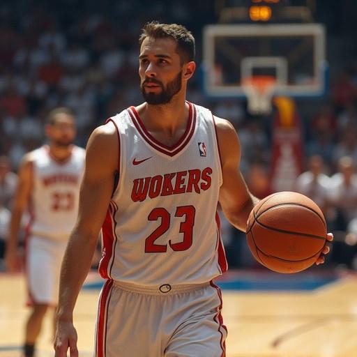 Image of a man playing basketball in a competitive environment. Vibrant arena setting with spectators.