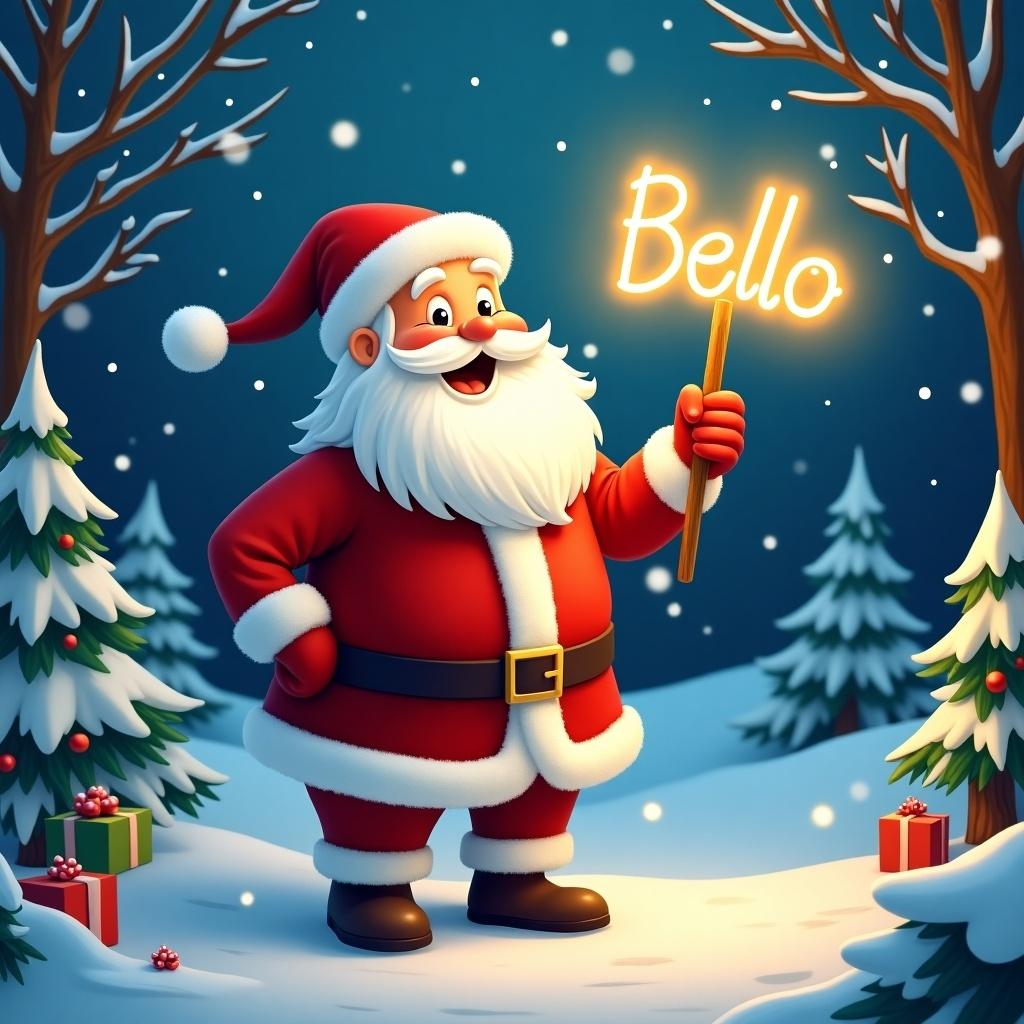 Cheerful Santa Claus in snowy landscape holding a glowing stick. Stick elegantly writes name 'Bella'. Santa in red and white outfit with smile. Surrounding trees are snow-covered. Colorful decorations nearby. Warm glow from stick creates magical atmosphere.