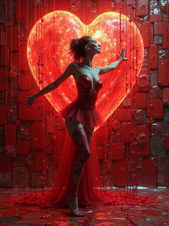 Hyperdetailed supermodel in a stunning red outfit posed in front of a glowing heart. Background with iridescent ceramic tiles and glass mosaics creates an abstract, artistic feel. Designed using 3D rendering techniques and presented in ultra high-definition.