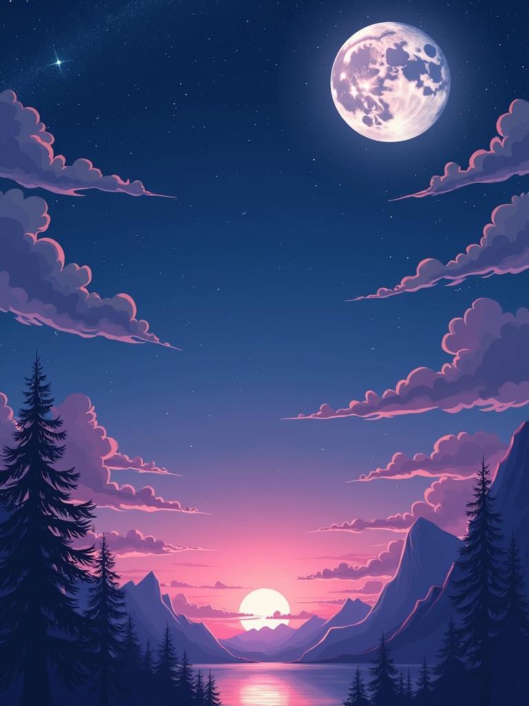 Anime styled Twitch frame overlay featuring a lunar theme. Moon in the night sky. Pink sunset behind mountains and water. Pine trees in the foreground.