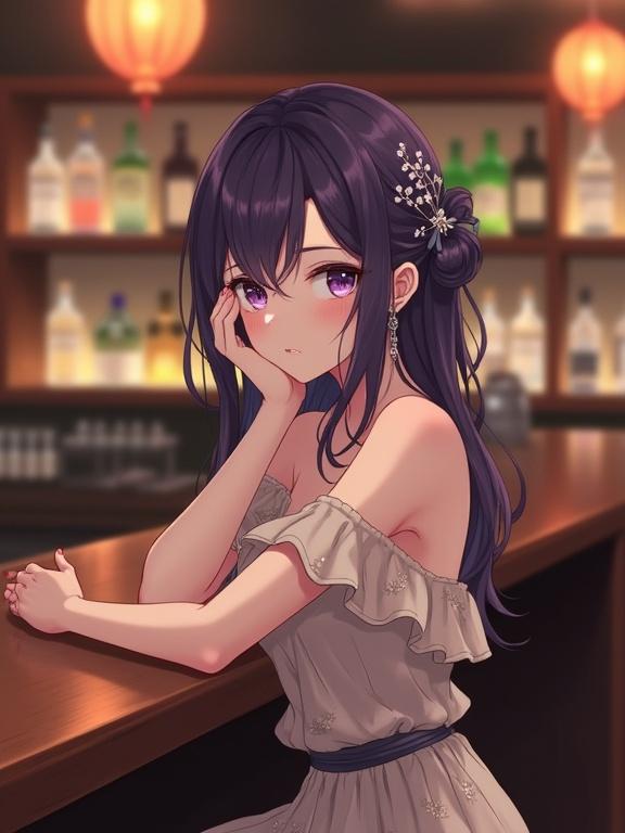 Semi-anime-style lady with dark violet hair. Hair styled up with white flowers. Light violet eyes with melancholic gaze. Wearing elegant off-the-shoulder light beige dress. Dress has floral pattern and dark belt. Seated at wooden bar counter in Osaka, Japan. Background has softly illuminated shelves with bottles and lanterns.