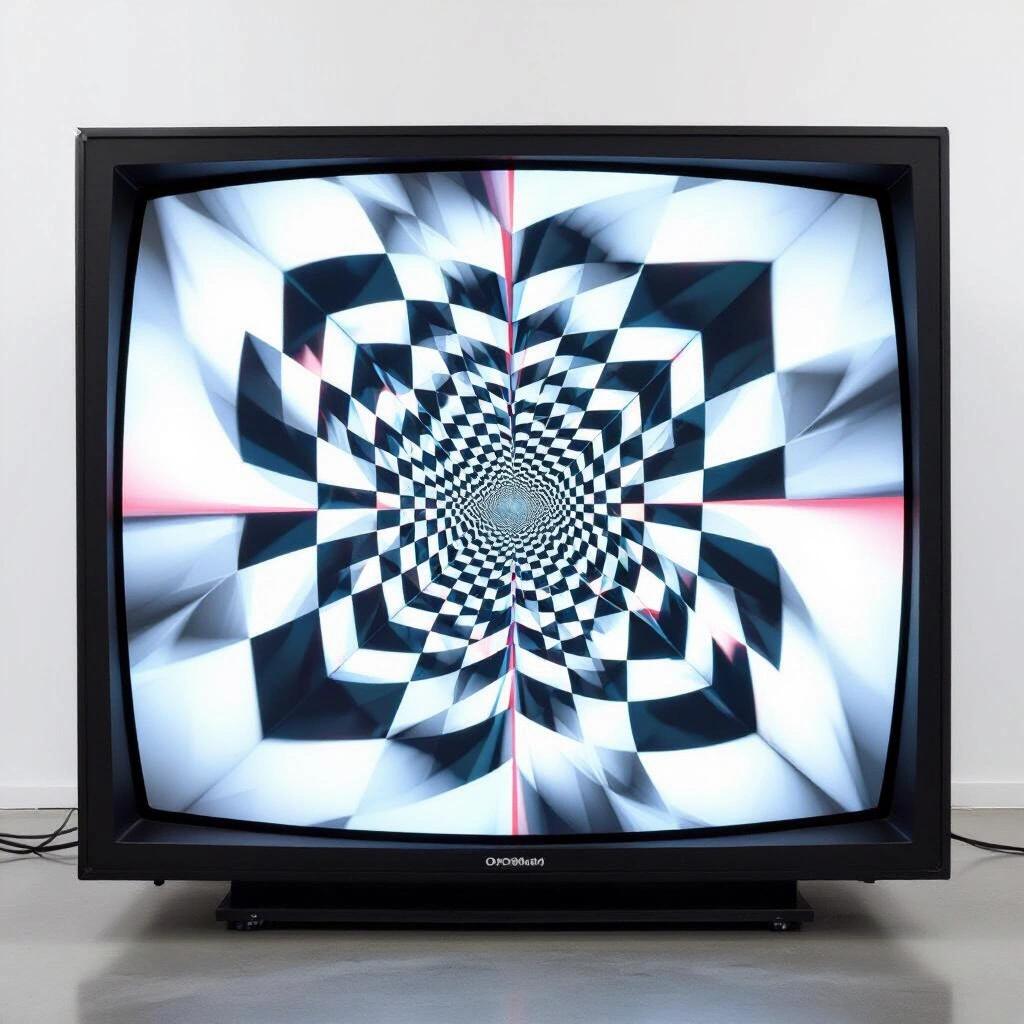 Dynamic art installation. Distorted television screens show a swirling pattern. Inspired by Fibonacci sequence visualizations. High contrast black and white colors. Suitable for contemporary art environments.