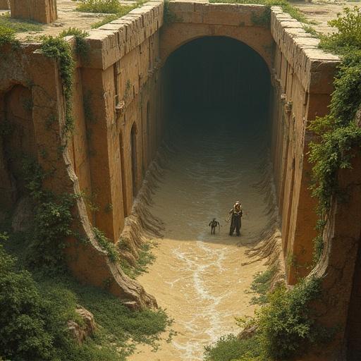 A vast underground tunnel with a flowing stream. A lone character stands alongside a small mechanical companion. Crumbling stone walls are overgrown with greenery. Sparse light filters in, creating a mysterious atmosphere. The scene conveys an ancient civilization long forgotten under the earth.