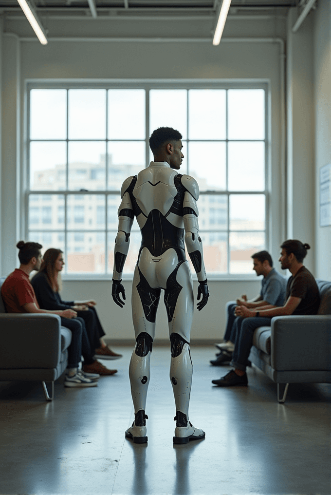 A humanoid robot stands in a modern room, facing a group of seated people.